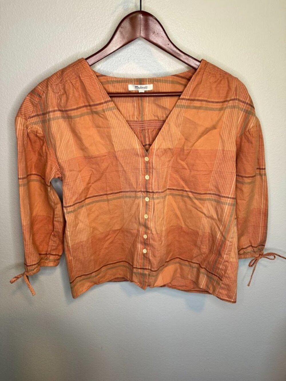 Madewell 100% Cotton Morningview Plaid Tie-Sleeve Shirt - XXS